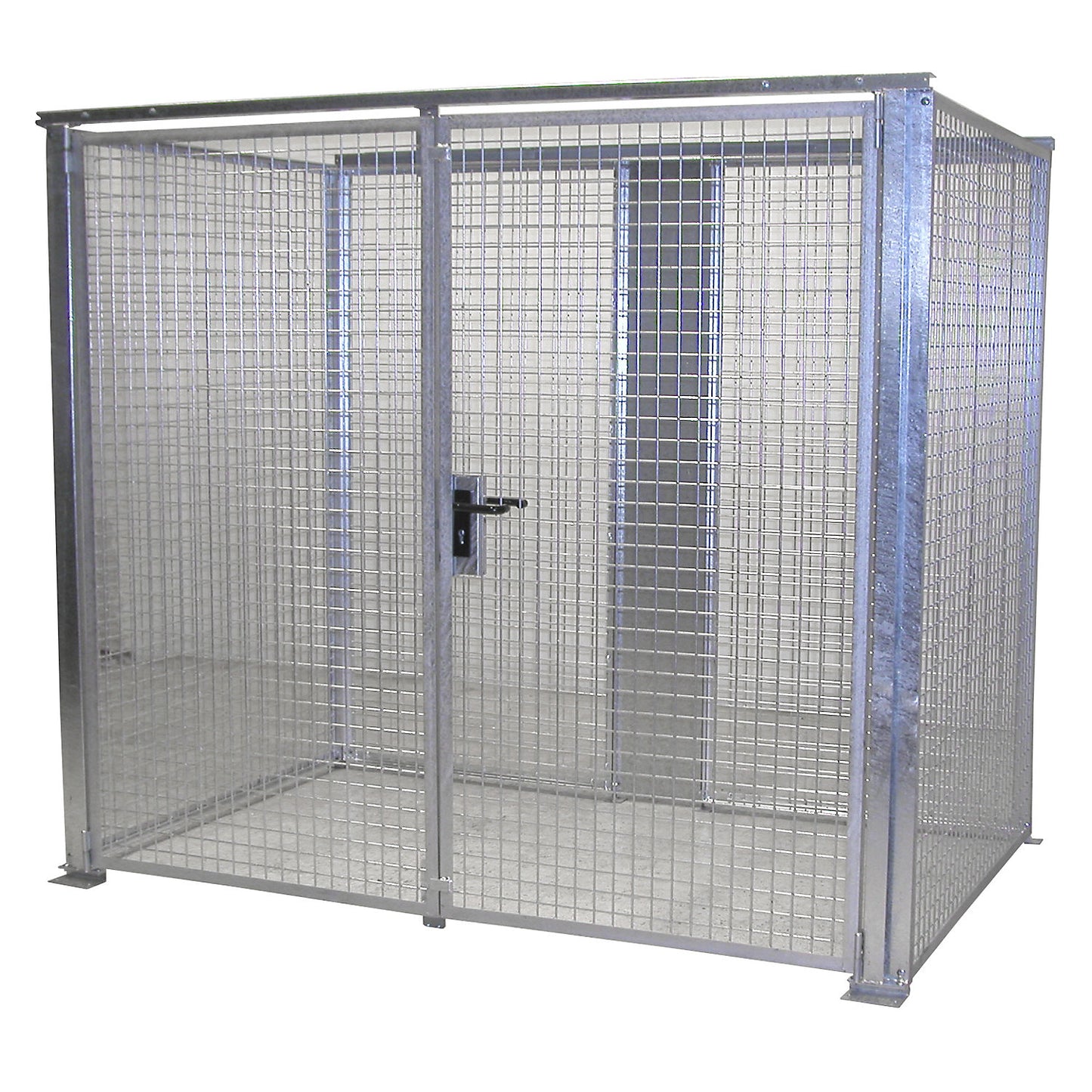 Mesh gas cylinder cage, without roof, with double hinged doors, WxD 2400 x 1500 mm.