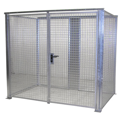 Mesh gas cylinder cage, without roof, with double hinged doors, WxD 2400 x 1500 mm.