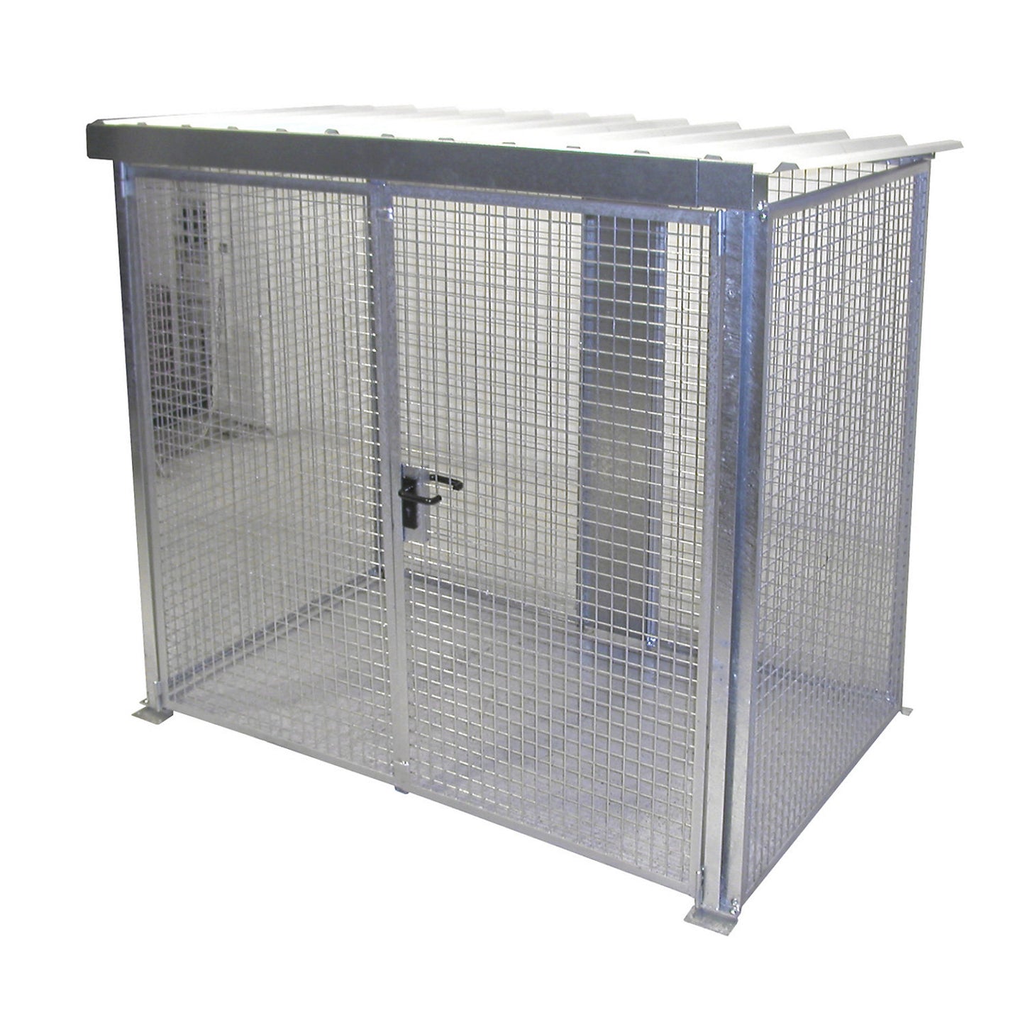Mesh gas cylinder cage, with roof and double hinged doors, WxD 2400 x 1500 mm.