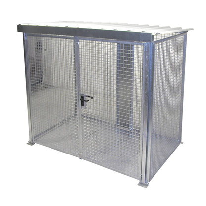 Mesh gas cylinder cage, with roof and double hinged doors, WxD 2400 x 1500 mm.