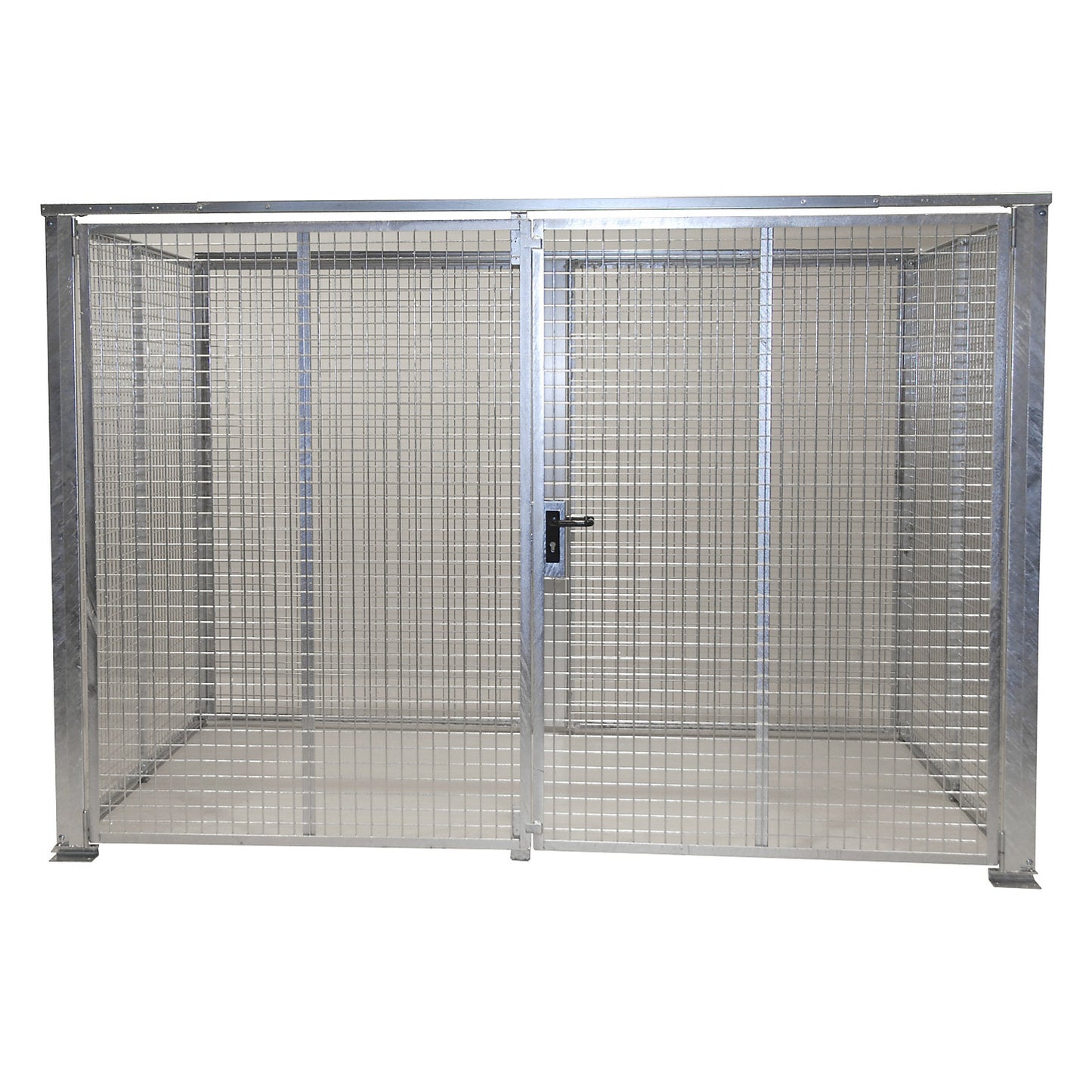 Mesh gas cylinder cage, without roof, with double hinged doors, WxD 3100 x 2100 mm.