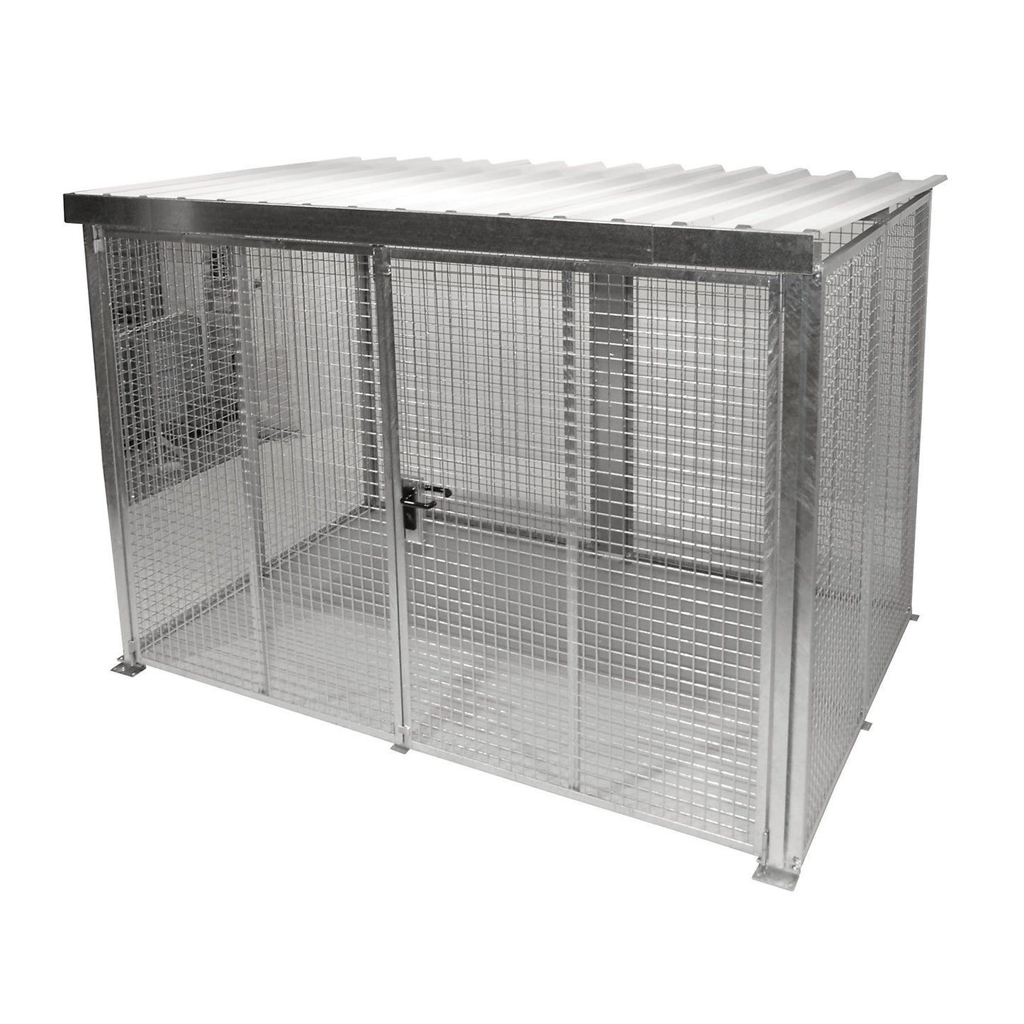 Mesh gas cylinder cage, with roof and double hinged doors, WxD 3100 x 2100 mm.