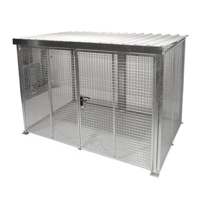 Mesh gas cylinder cage, with roof and double hinged doors, WxD 3100 x 2100 mm.