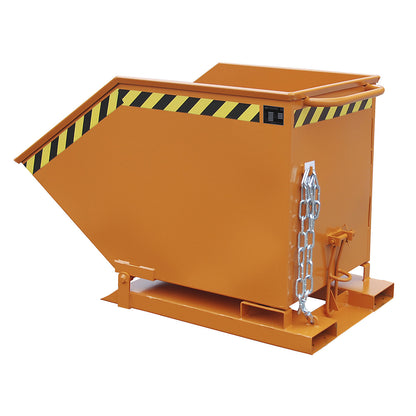 Tilting skip with tilting mechanism, box-shaped, capacity 0.6 m³, orange RAL 2000.