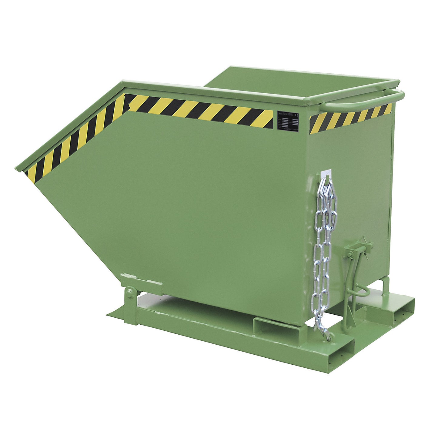 Tilting skip with tilting mechanism, box-shaped, capacity 0.6 m³, green RAL 6011.