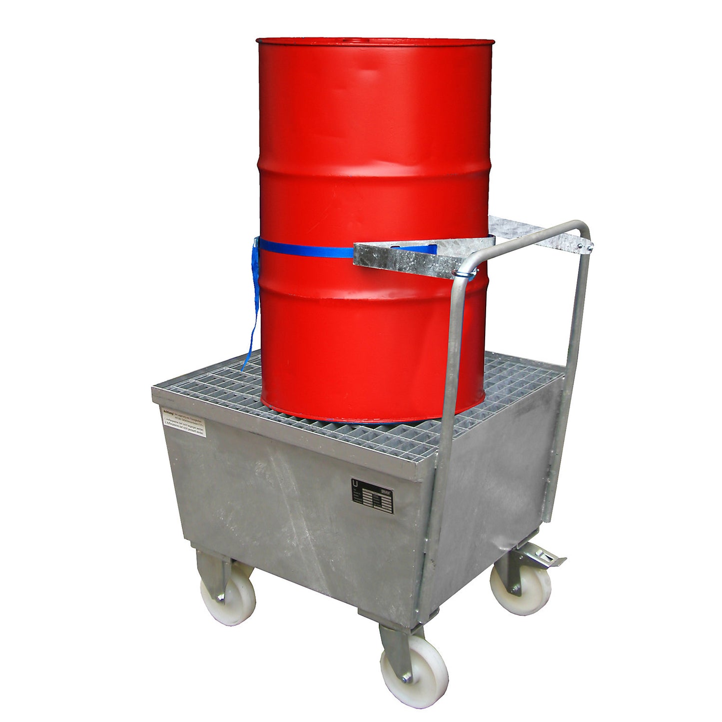 Mobile steel sump tray with edge profiles, for 200 l drum, 1 x upright, LxWxH 870 x 800 x 1110 mm, hot dip galvanised.