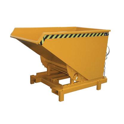 Heavy duty tilting skip, capacity 0.9 m³, max. load 4000 kg, orange RAL 2000.
