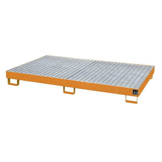 Base sump tray, 240 l sump capacity, LxWxH 2150 x 1300 x 225 mm, with grate, painted orange.