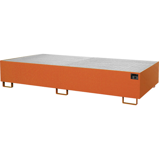 Base sump tray, 1000 l sump capacity, LxWxH 2650 x 1300 x 435 mm, with grate, painted orange.