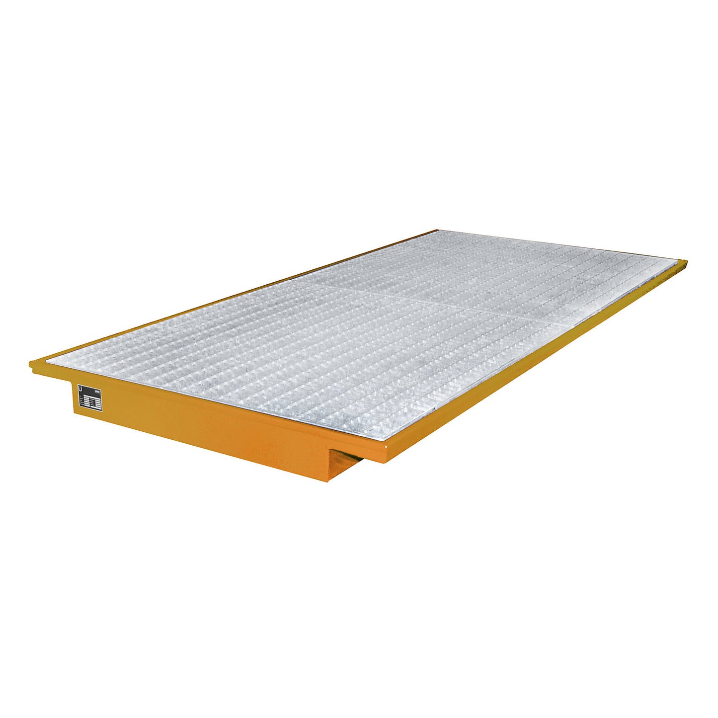 Hook-in sump tray, with zinc plated grate, LxW 2650 x 1250 / 915 mm, painted orange.