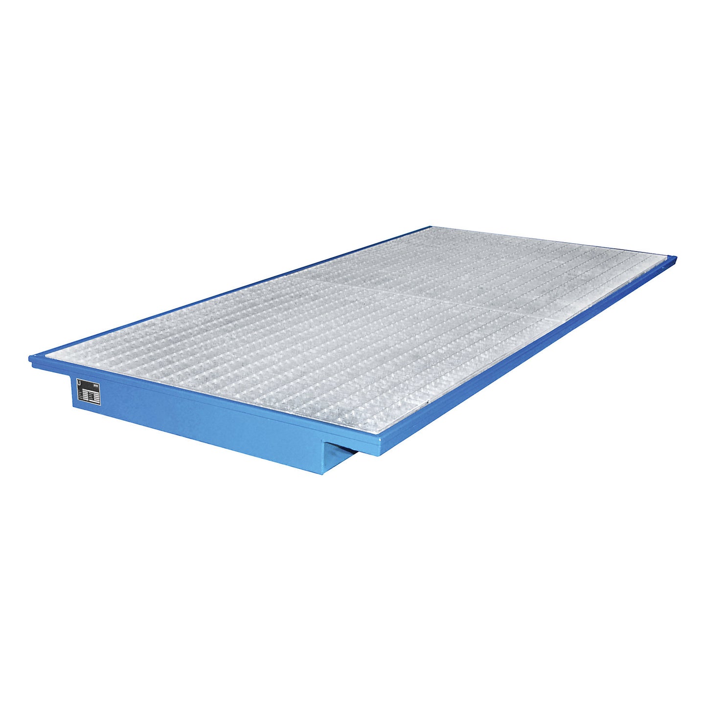Hook-in sump tray, with zinc plated grate, LxW 2650 x 1250 / 915 mm, painted blue.