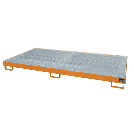 Base sump tray, 246 l sump capacity, LxWxH 2650 x 1300 x 210 mm, with grate, painted orange.