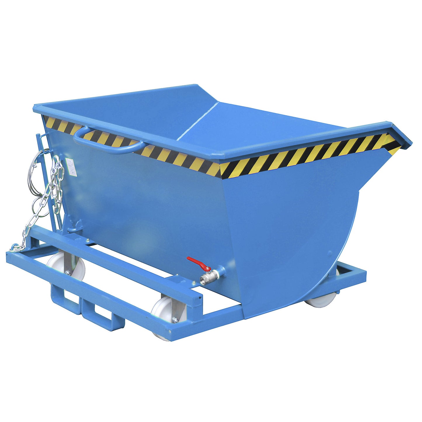 Tilting skip for metal swarf, with nylon wheels, capacity 0.5 m³, light blue.