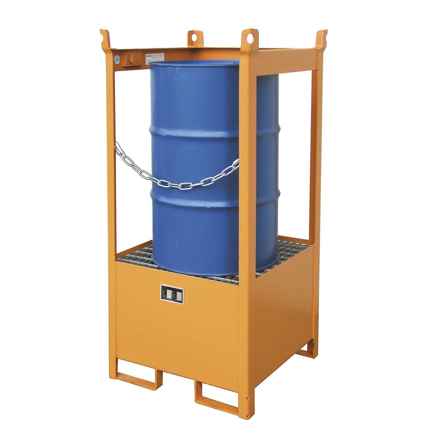 Storage and transport pallet with sump tray, open on all sides, stackable, for 1 drum, zinc plated.
