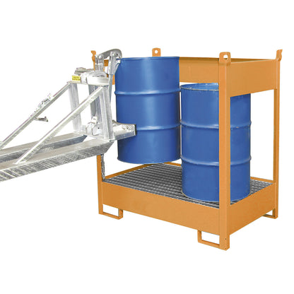Storage and transport pallet with sump tray, open on all sides, stackable, for 2 drums, painted.