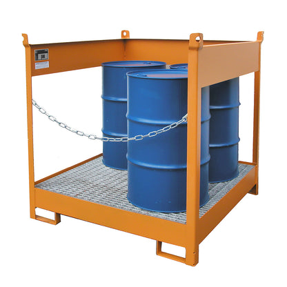Storage and transport pallet with sump tray, open on all sides, stackable, for 4 drums, zinc plated.