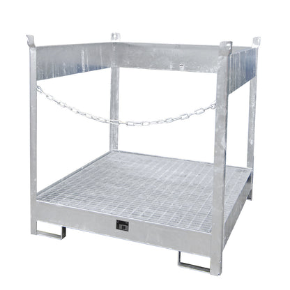 Storage and transport pallet with sump tray, open on all sides, stackable, for 4 drums, zinc plated.