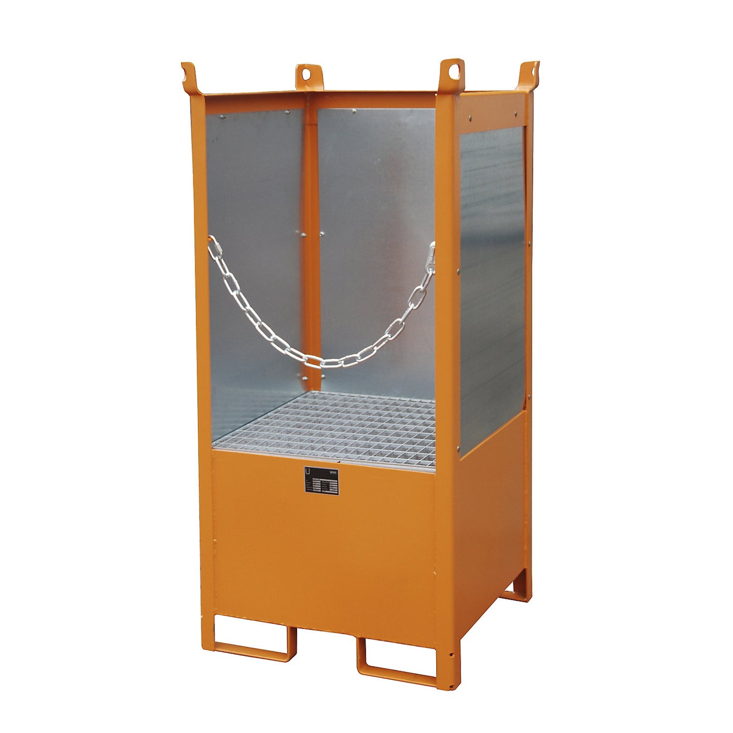 Storage and transport pallet with sump tray, with closed rear and side panels, stackable, for 1 drum, painted.