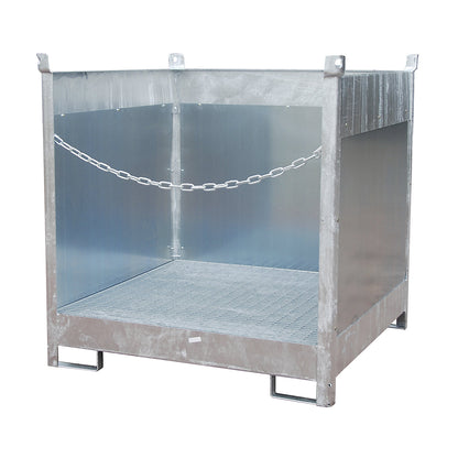Storage and transport pallet with sump tray, with closed rear and side panels, stackable, for 4 drums, zinc plated.