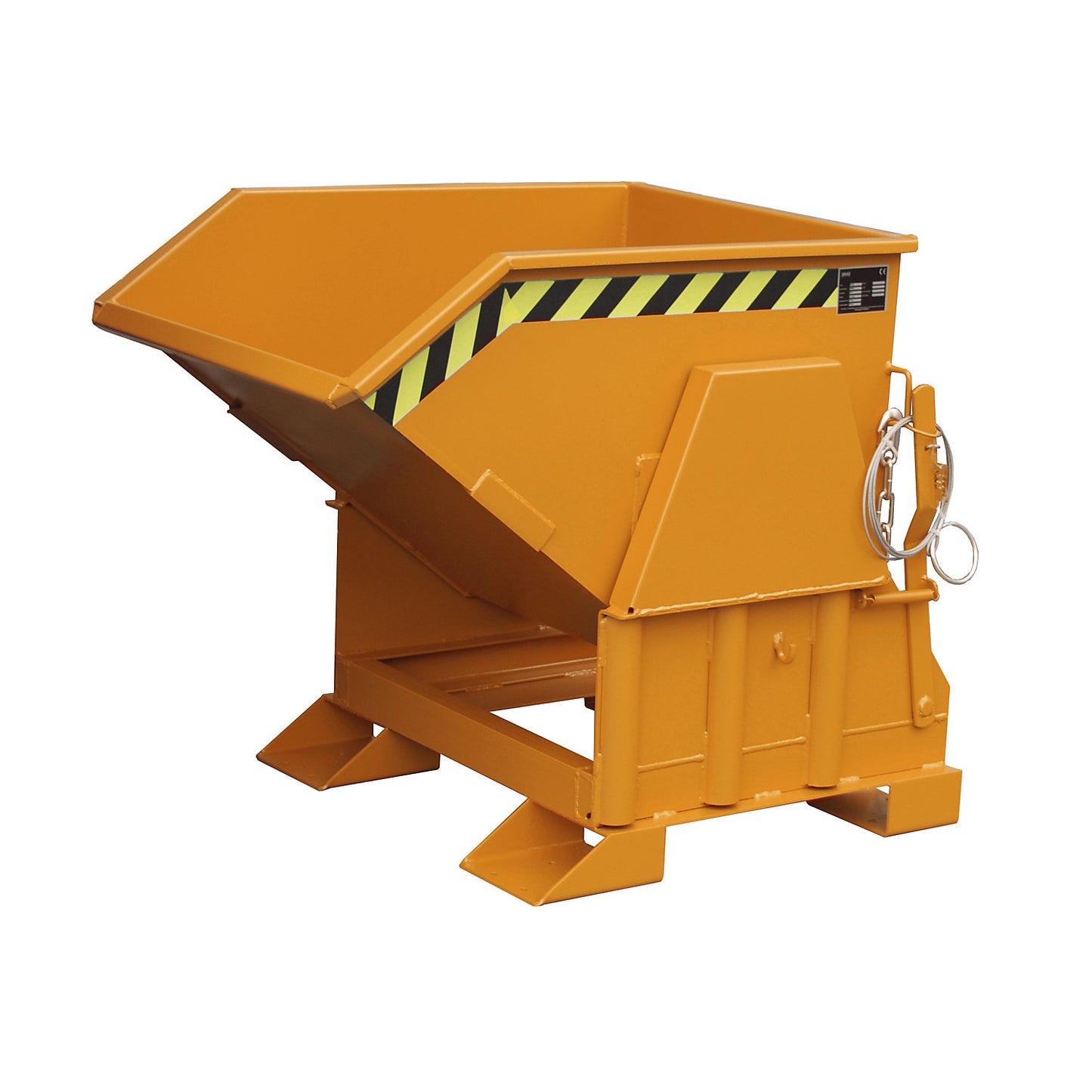 Tilting skip, standard overall height, without wheels, capacity 0.3 m³, painted orange RAL 2000.