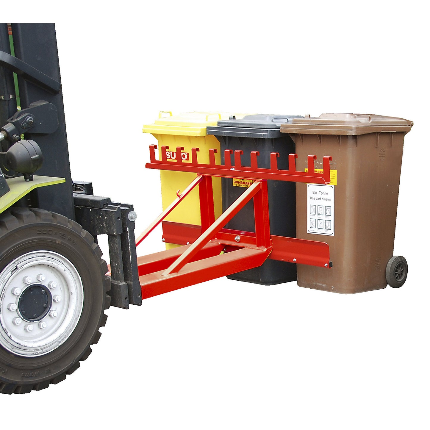 Waste bin lifter, for 3 bins, flame red.