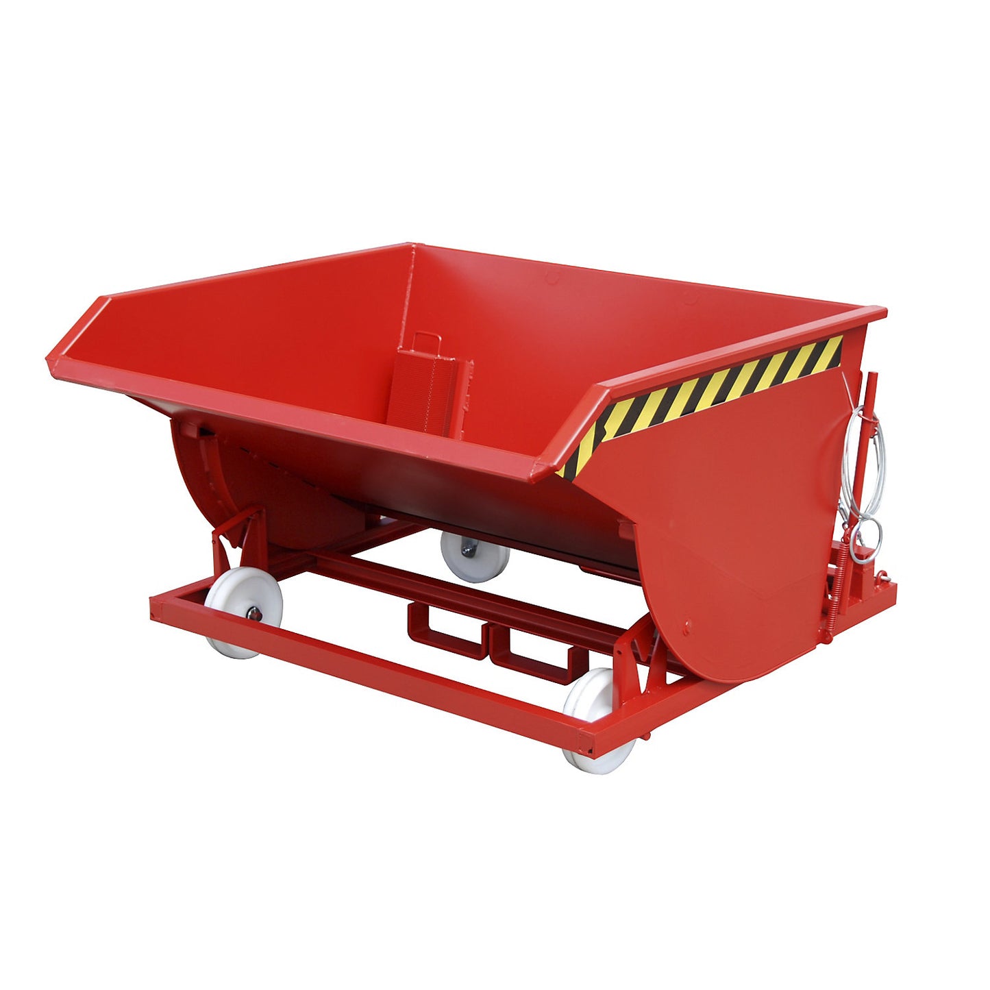 Tilting skip for metal swarf, with nylon wheels, capacity 0.75 m³, flame red.