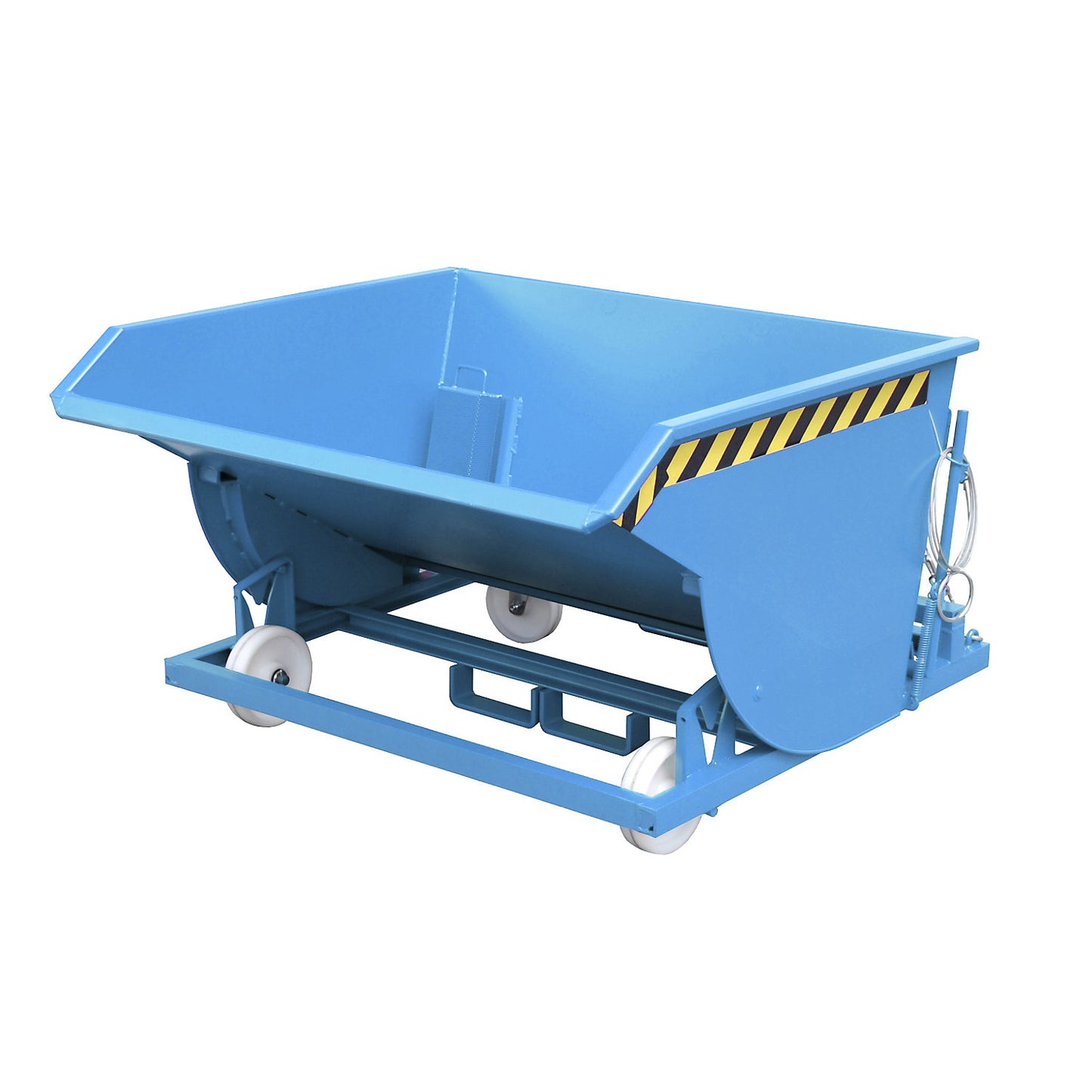 Tilting skip for metal swarf, with nylon wheels, capacity 0.75 m³, light blue.