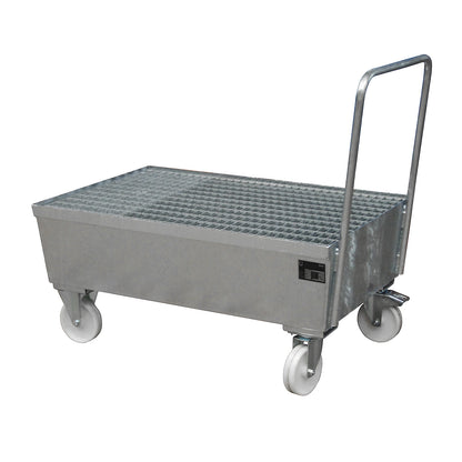 Mobile steel sump tray with edge profiles, for 200 l drums, 2 x upright, LxWxH 1280 x 800 x 1110 mm, hot dip galvanised.