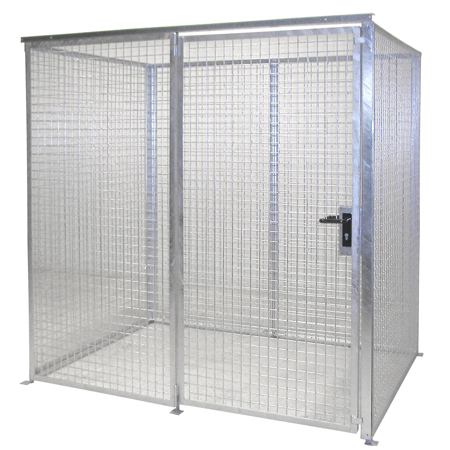 Mesh gas cylinder cage, without roof, with single hinged door, WxD 2100 x 1500 mm.