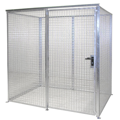 Mesh gas cylinder cage, without roof, with single hinged door, WxD 2100 x 1500 mm.