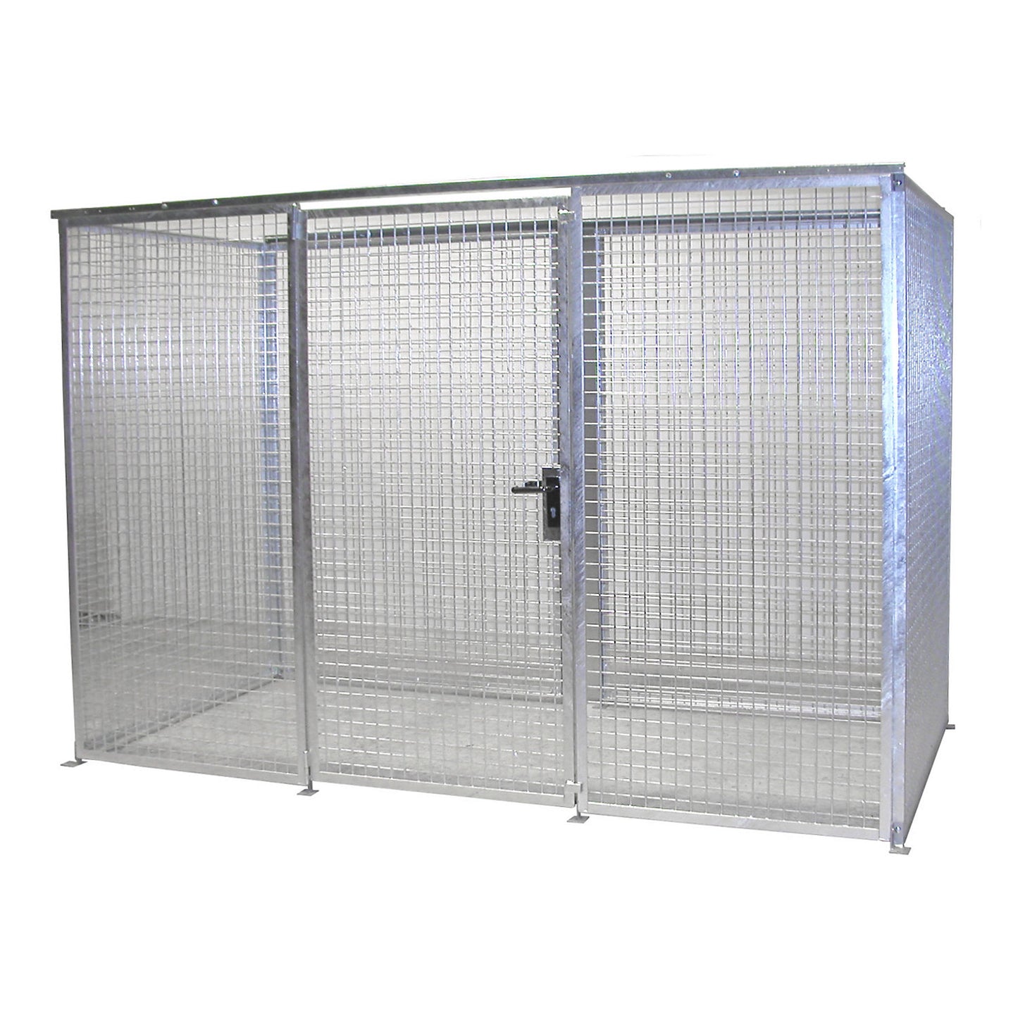 Mesh gas cylinder cage, without roof, with single hinged door, WxD 3100 x 1500 mm.