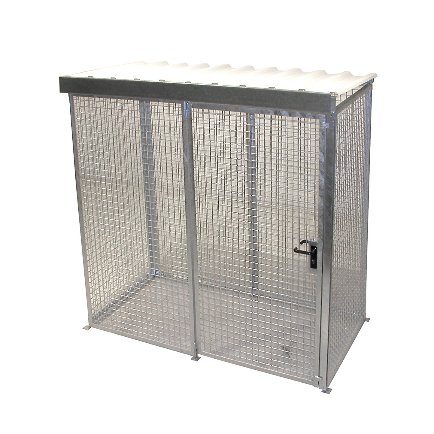 Mesh gas cylinder cage, with roof and single hinged door, WxD 2100 x 1085 mm.