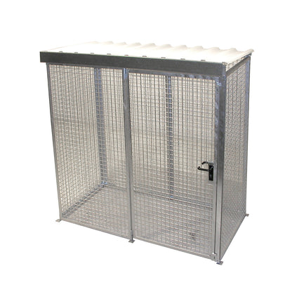 Mesh gas cylinder cage, with roof and single hinged door, WxD 2100 x 1085 mm.