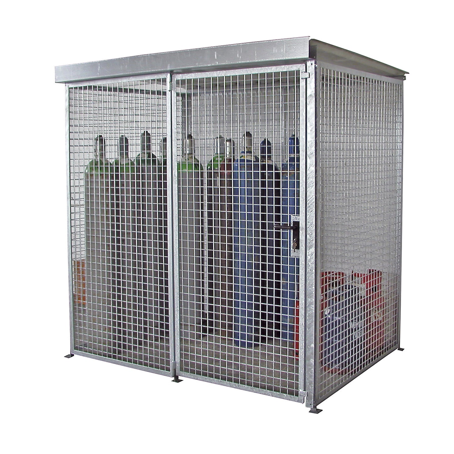 Mesh gas cylinder cage, with roof and single hinged door, WxD 2100 x 1500 mm.