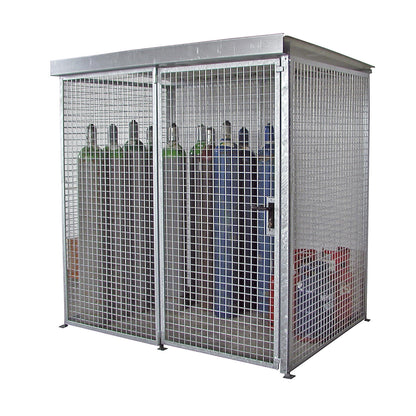 Mesh gas cylinder cage, with roof and single hinged door, WxD 2100 x 1500 mm.