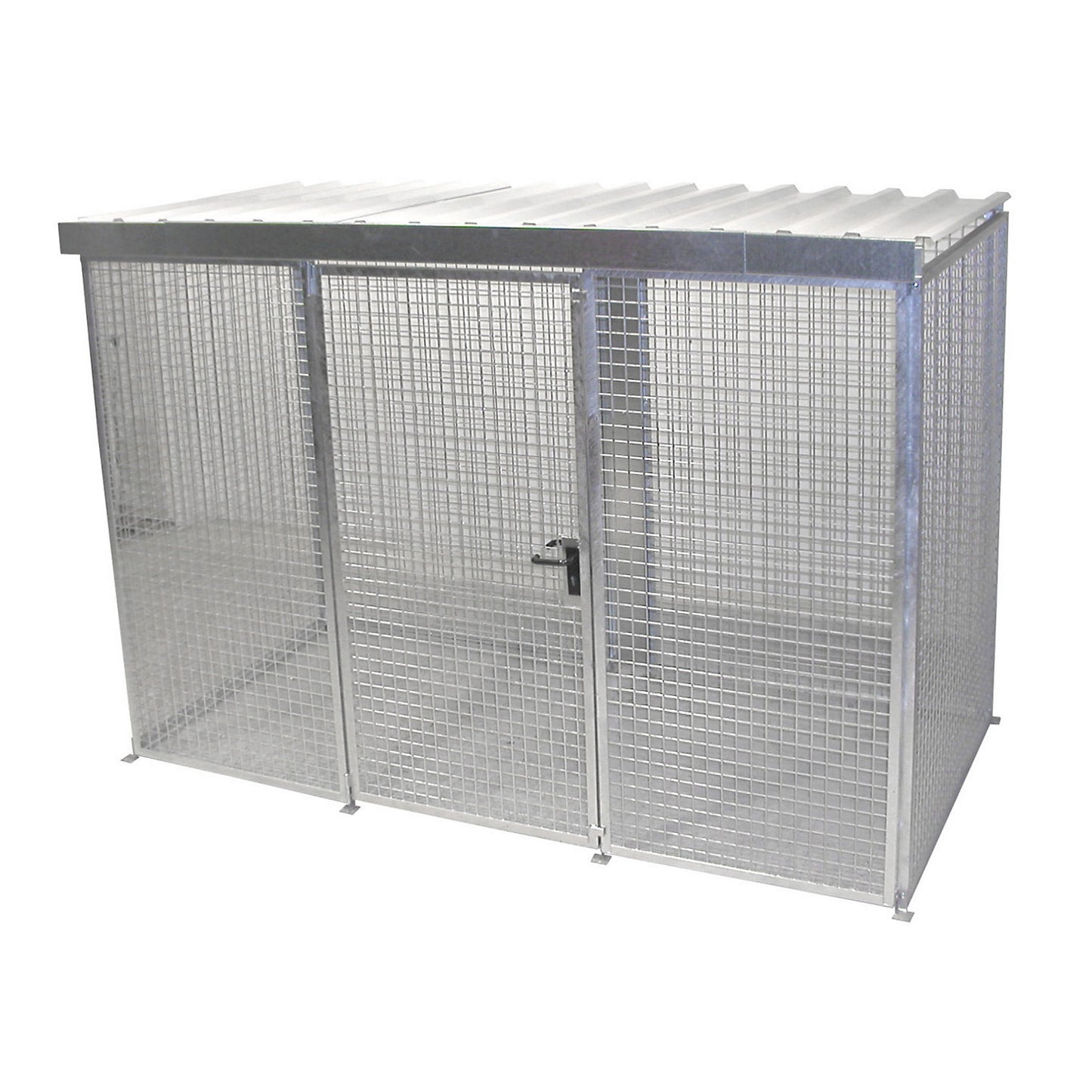 Mesh gas cylinder cage, with roof and single hinged door, WxD 3100 x 1500 mm.
