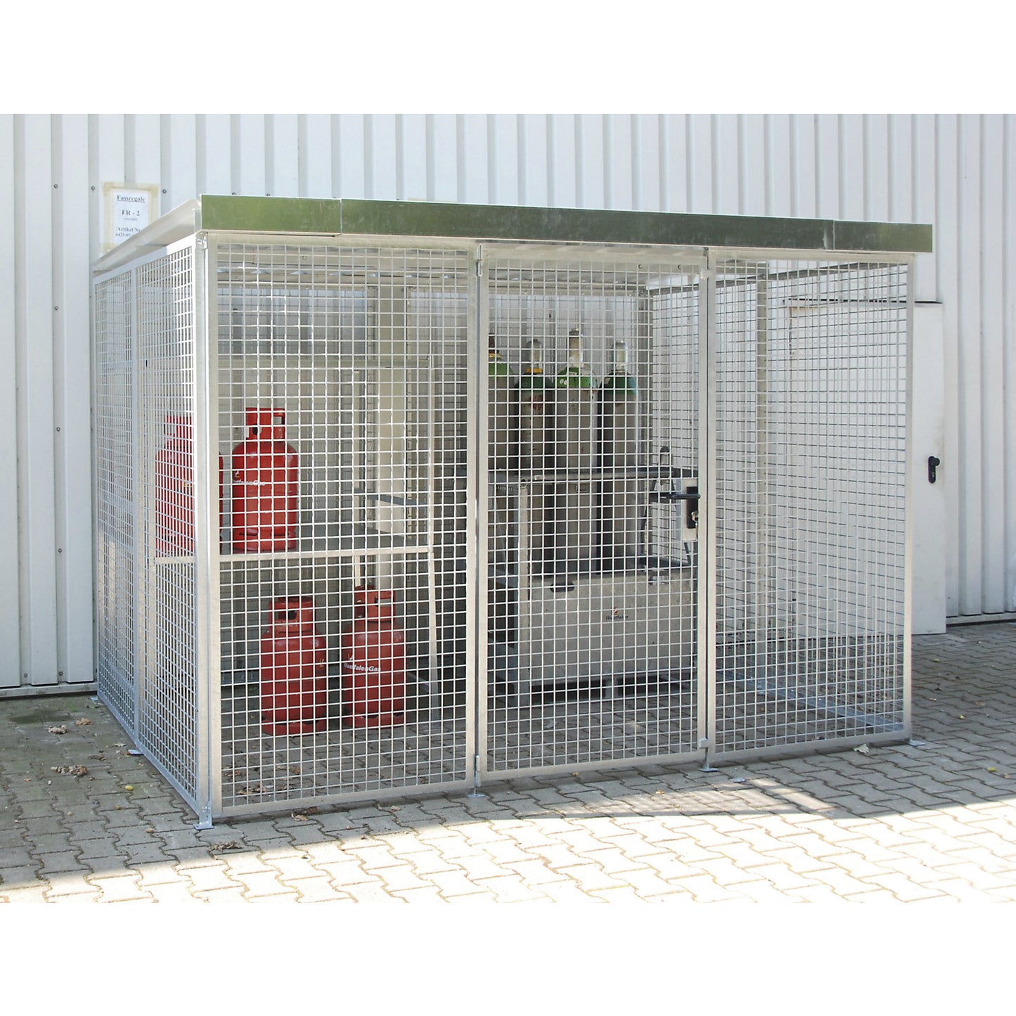 Mesh gas cylinder cage, with roof and single hinged door, WxD 3100 x 2100 mm.