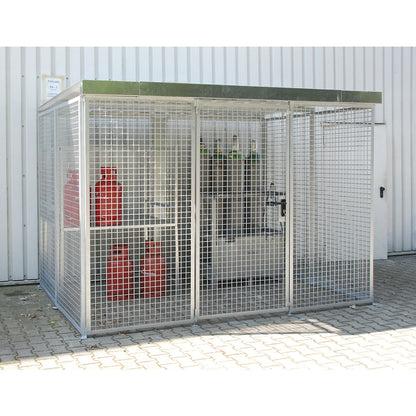Mesh gas cylinder cage, with roof and single hinged door, WxD 3100 x 2100 mm.