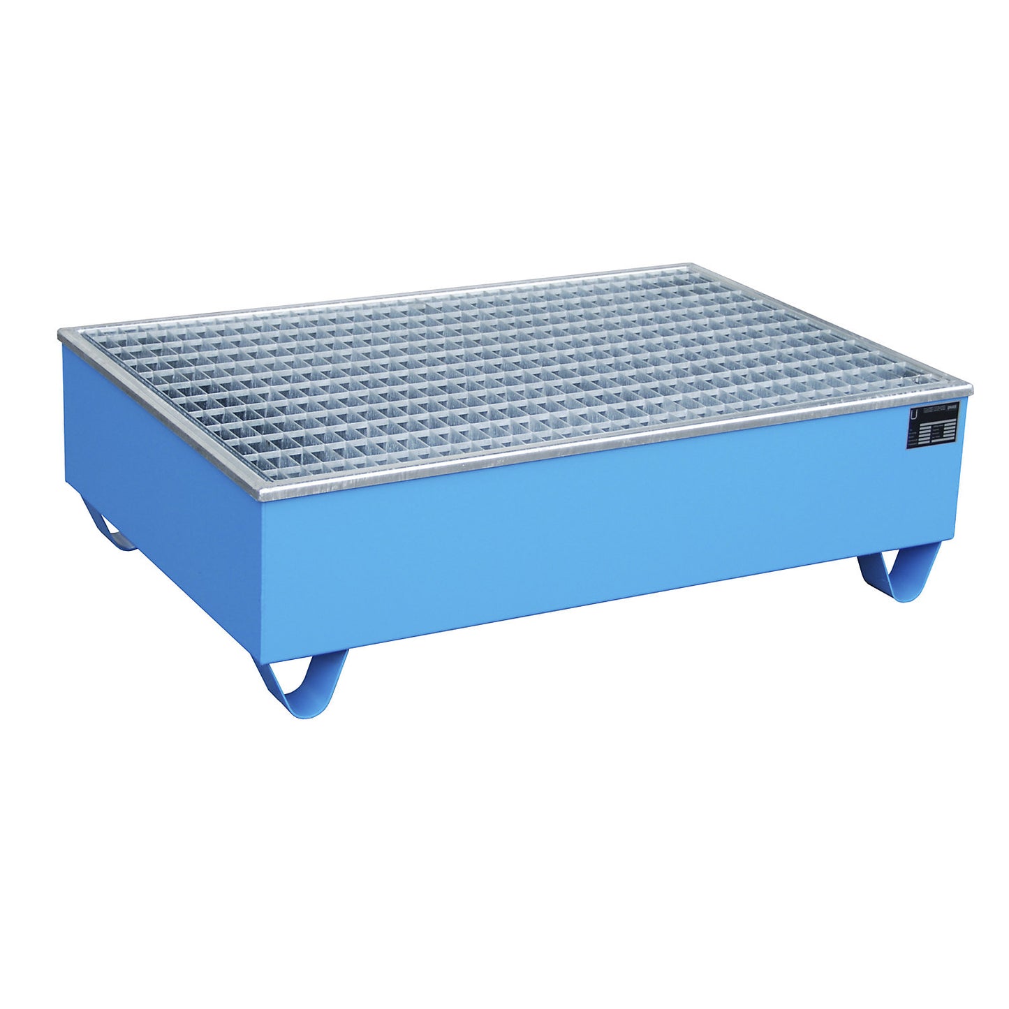 Steel sump tray with PE insert, for 200 l drums, LxWxH 1215 x 815 x 365 mm, painted blue.