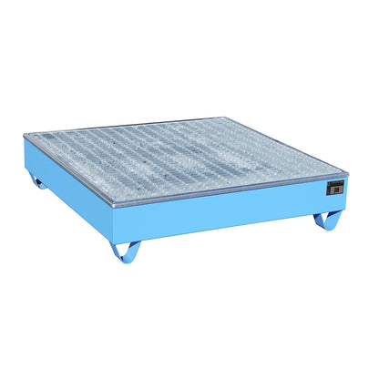 Steel sump tray with PE insert, for 200 l drums, LxWxH 1215 x 1215 x 290 mm, painted blue.