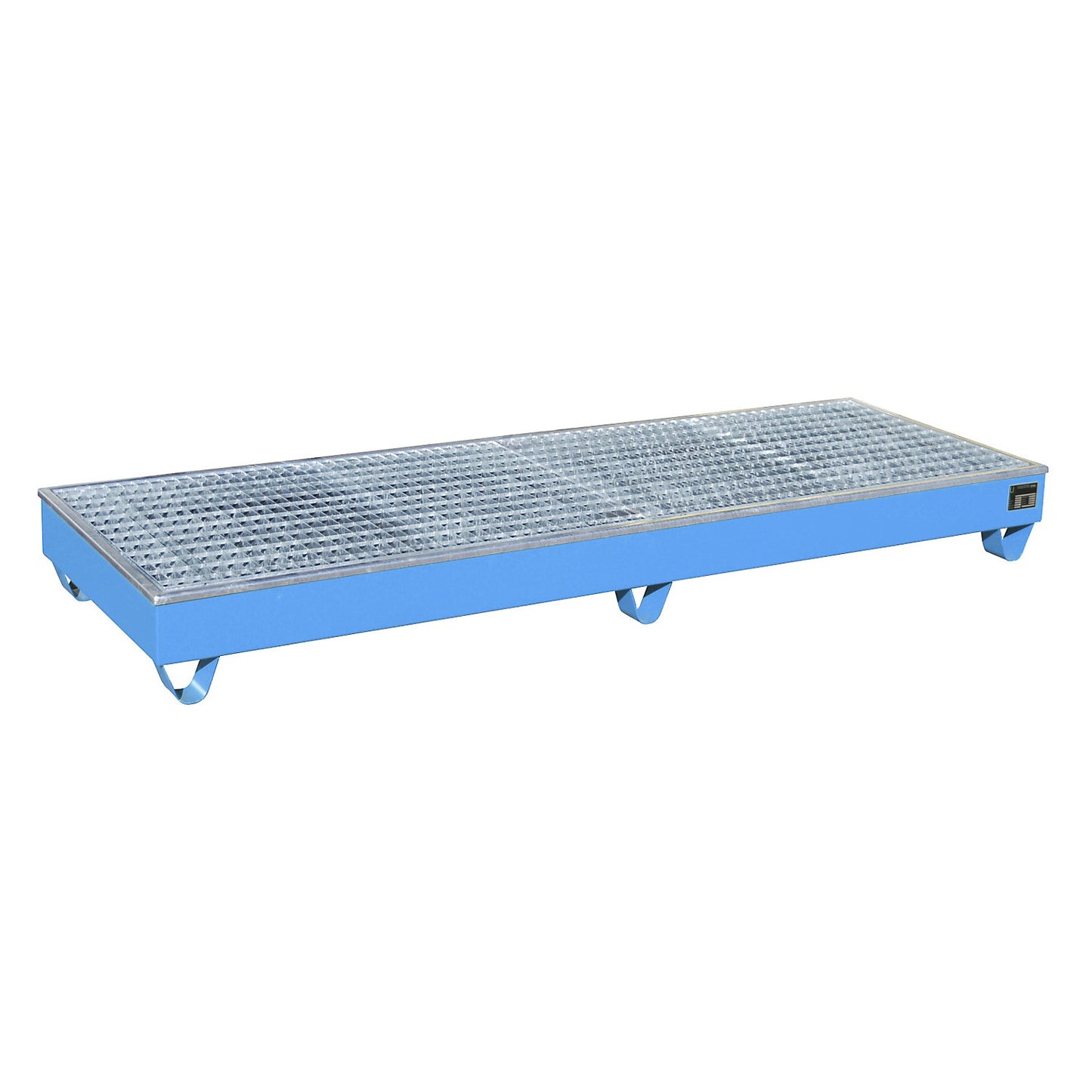 Steel sump tray with PE insert, for 200 l drums, LxWxH 2415 x 815 x 255 mm, painted blue.