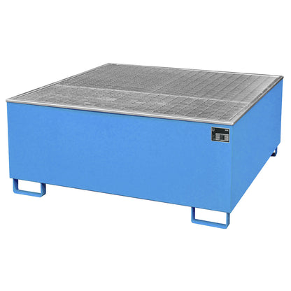 Steel sump tray with PE insert, 1000 l, for 1 x IBC/CTC, LxWxH 1475 x 1475 x 630 mm, painted blue.