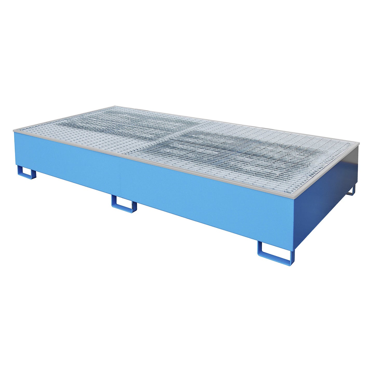 Steel sump tray with PE insert, 1000 l, for 2 x IBC/CTC, LxWxH 2665 x 1315 x 440 mm, painted blue.