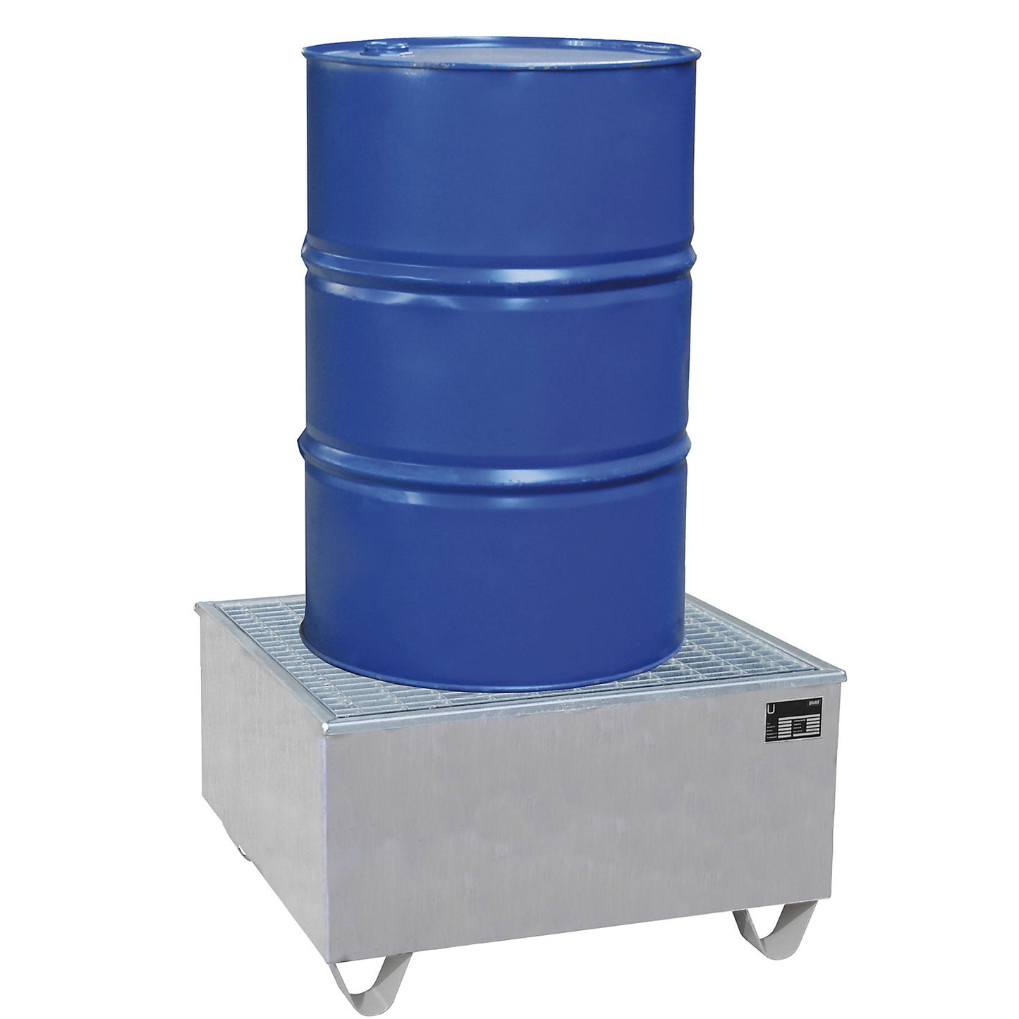 Steel sump tray with PE insert, for 200 l drums, LxWxH 815 x 815 x 468 mm, zinc plated.