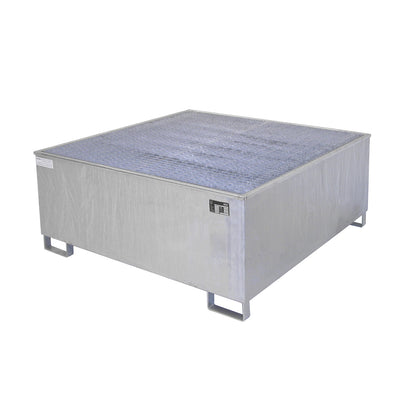Steel sump tray with PE insert, 1000 l, for 1 x IBC/CTC, LxWxH 1475 x 1475 x 630 mm, zinc plated.