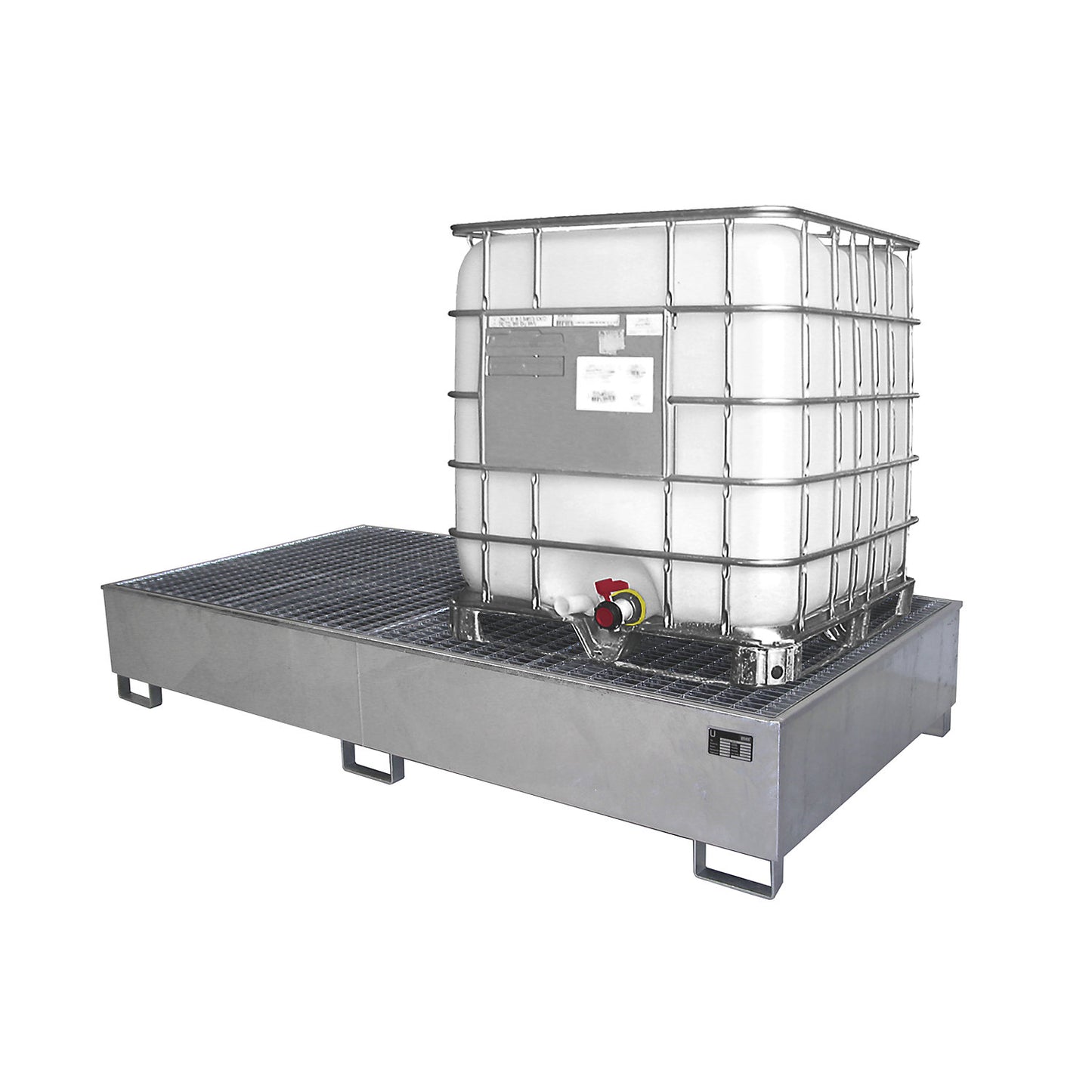 Steel sump tray with PE insert, 1000 l, for 2 x IBC/CTC, LxWxH 2665 x 1315 x 440 mm, zinc plated.
