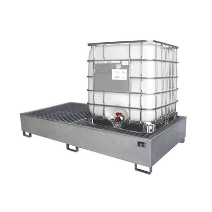 Steel sump tray with PE insert, 1000 l, for 2 x IBC/CTC, LxWxH 2665 x 1315 x 440 mm, zinc plated.