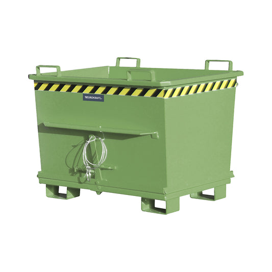 Conical hinged bottom skip, capacity 0.7 m³, max. load 1500 kg, reseda green RAL 6011.