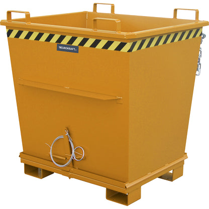 Conical hinged bottom skip, capacity 1.0 m³, max. load 2000 kg, yellow orange RAL 2000.