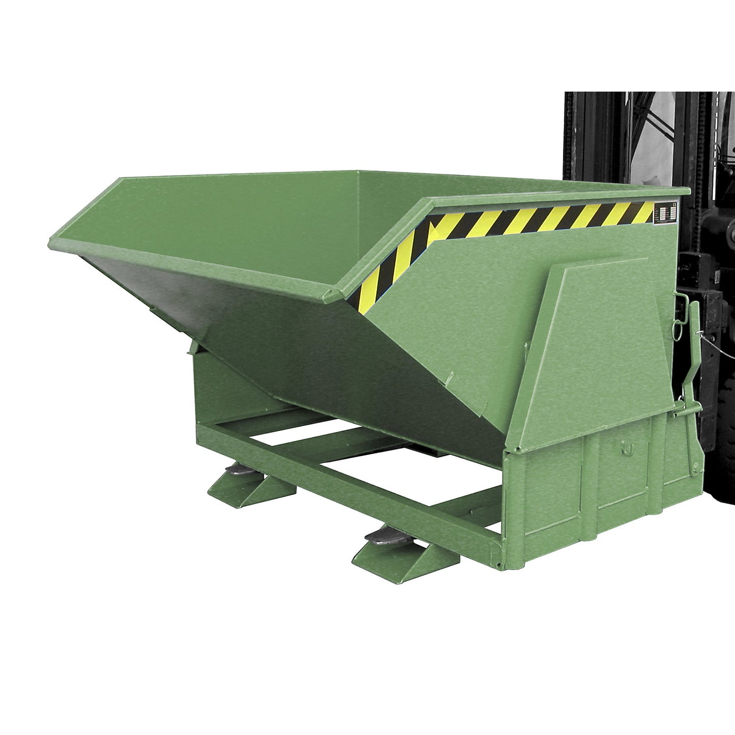 Tilting skip, standard overall height, without wheels, capacity 1.2 m³, painted green RAL 6011.